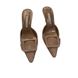 Taupe suede Manolo Blahnik mules with mid height heel